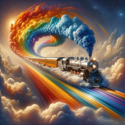 The primary subject of the image is a train traveling through a colorful, rainbow-colored sky. The setting is a cloudy, colorful background that adds to the vibrant atmosphere of the scene. The visual style is a digital art or illustration, showcasing the train and its surroundings in a creative and imaginative manner. The colors and mood of the image are lively and cheerful, with the bright colors of the rainbow sky and the train creating a sense of excitement and advent